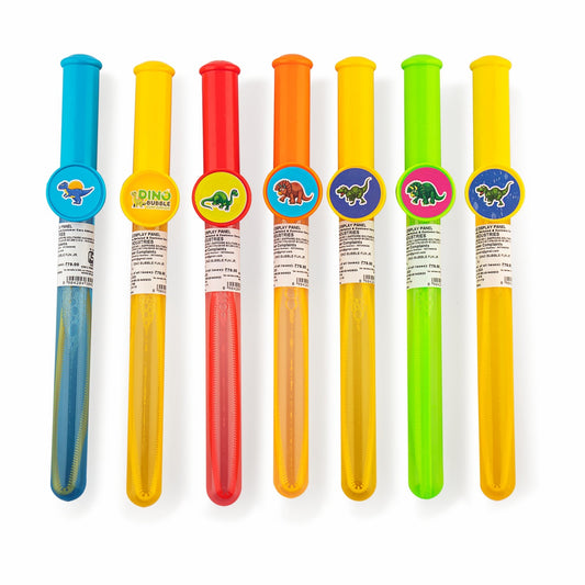 Dino Junior Bubble Adventure with a bubble wand and solution, ideal for children creating giant bubbles in a vibrant, fun atmosphere.