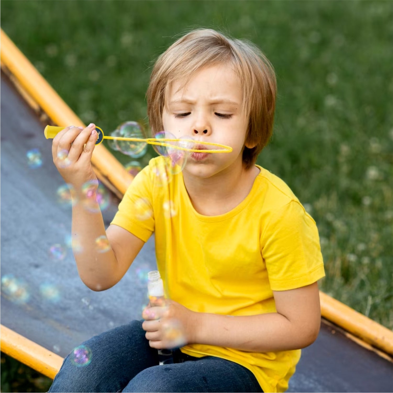 kid playing with bubble fun