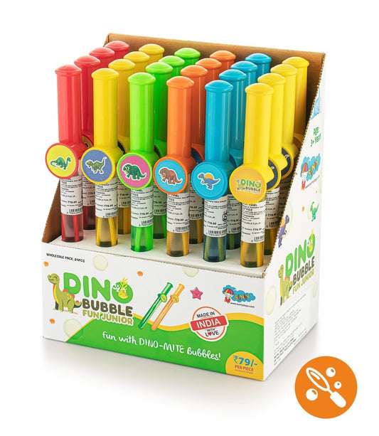 Dino Junior Bubble Adventure with a bubble wand and solution, ideal for children creating giant bubbles in a vibrant, fun atmosphere.