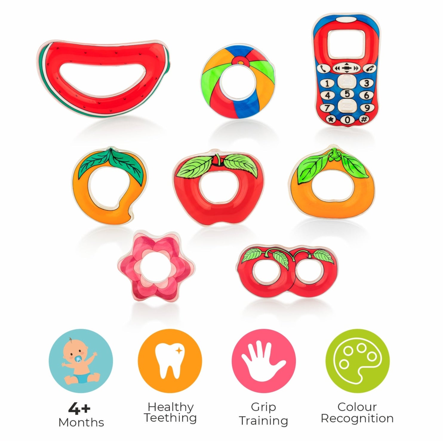 Baby water teethers in various vibrant color or shapes