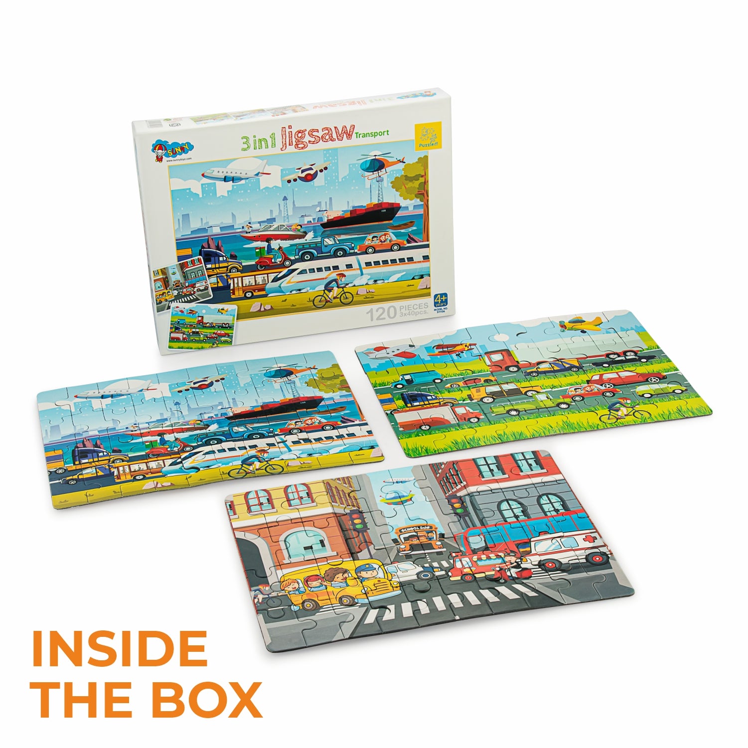 Transport Vehicles 3-in-1 Jigsaw Puzzle 120 Piece Set Fun & Learn Activity for Kids 4+ Years
