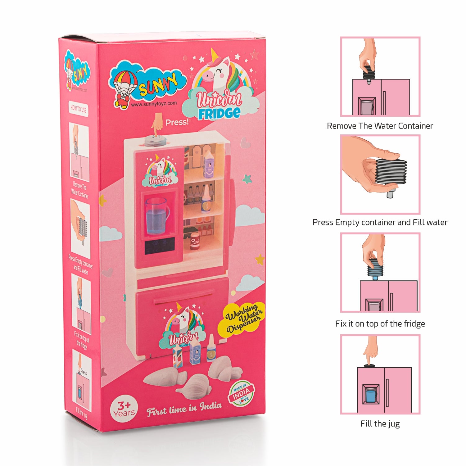 Unicorn Toy Fridge with Working Water Dispenser & Accessories Safe and durable plastic toy for Kids 3Y+