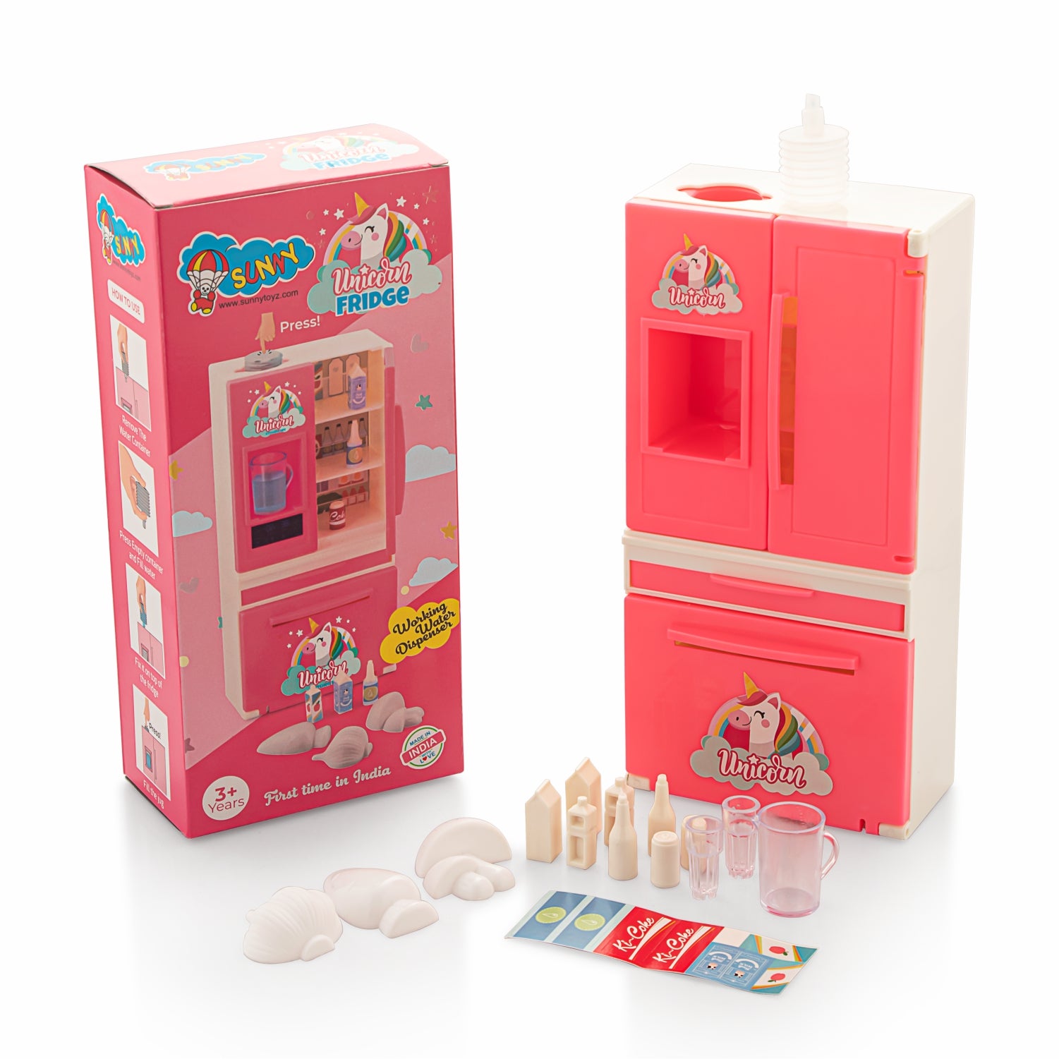 Unicorn Toy Fridge with Working Water Dispenser & Accessories Safe and durable plastic toy for Kids 3Y+